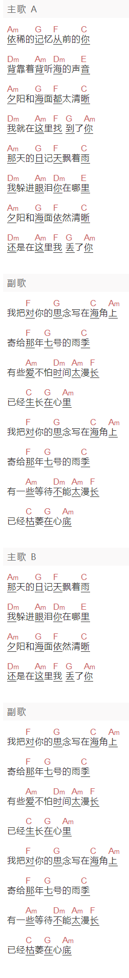 东来东往《海角七号》吉他谱C调和弦谱(txt)1