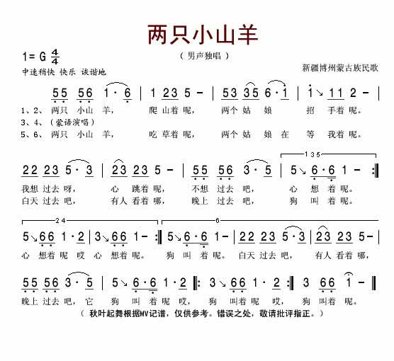 新疆蒙古族民歌《两只小山羊》吉他谱C调简谱1