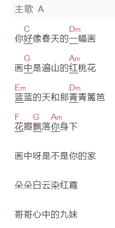 黄鹤翔《九妹》吉他谱C调和弦谱(txt)1