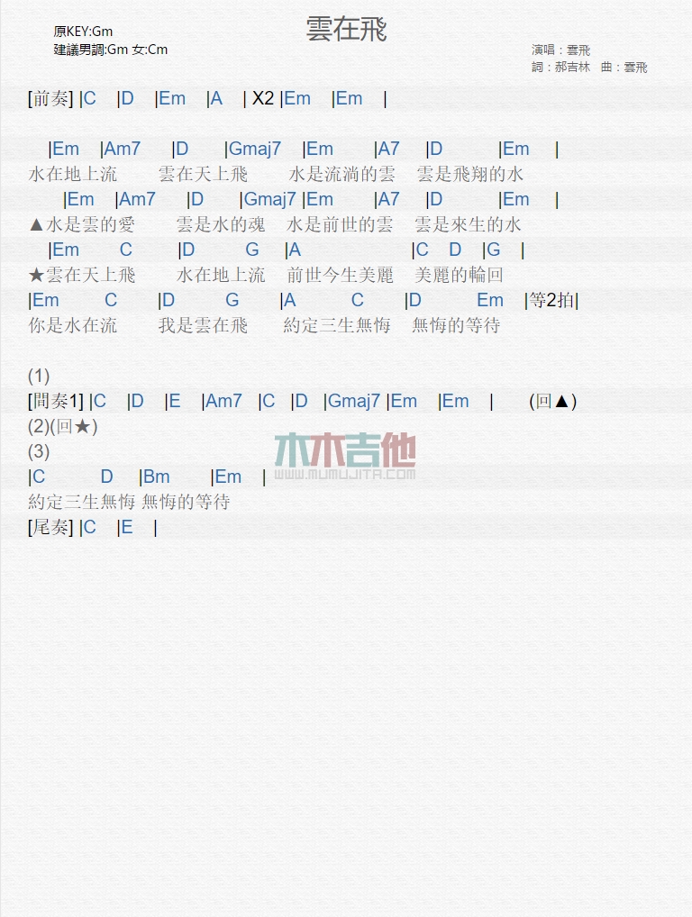 云飞《云在飞》吉他谱C调和弦谱(txt)1