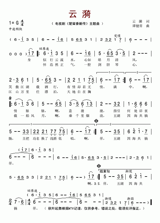 费玉清《云漪》吉他谱C调简谱1