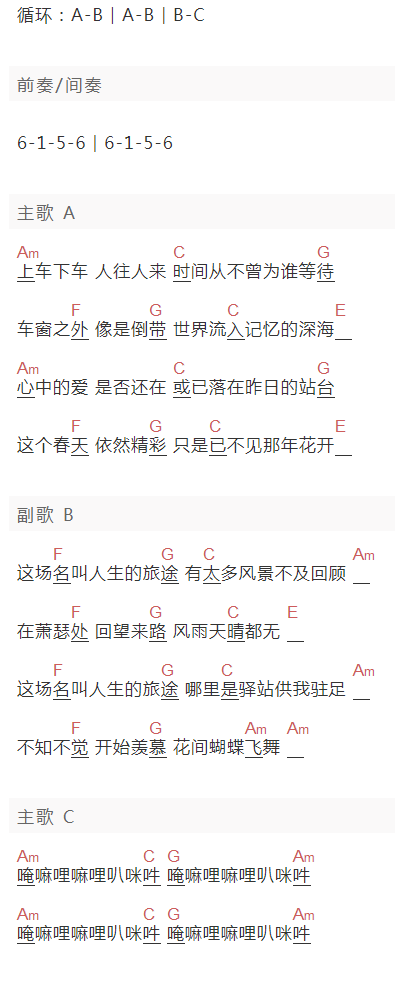 夏小虎《这场名人生的旅途》吉他谱C调和弦谱(txt)1