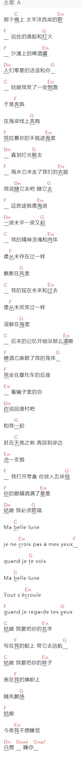 风子《姑娘 今夜我不想睡觉 只想睡你》吉他谱C调和弦谱(txt)1