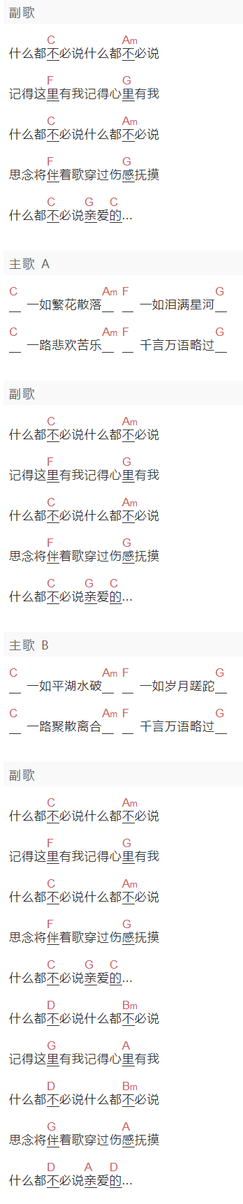 花儿乐队-大张伟《什么都不必说》吉他谱C调和弦谱(txt)1