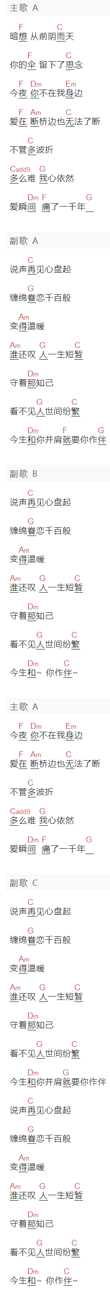 陈慧琳《今生你作伴》吉他谱C调和弦谱(txt)1