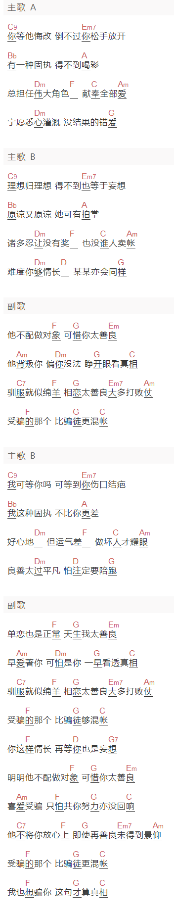 张智霖《你太善良》吉他谱C调和弦谱(txt)1
