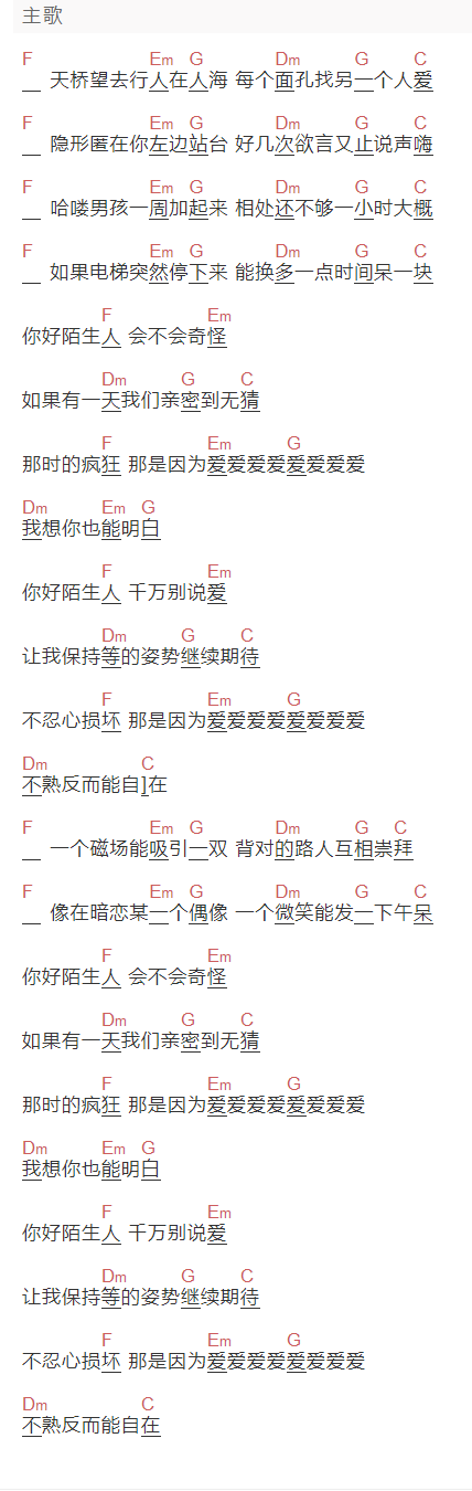 任然《你好,陌生人》吉他谱C调和弦谱(txt)1