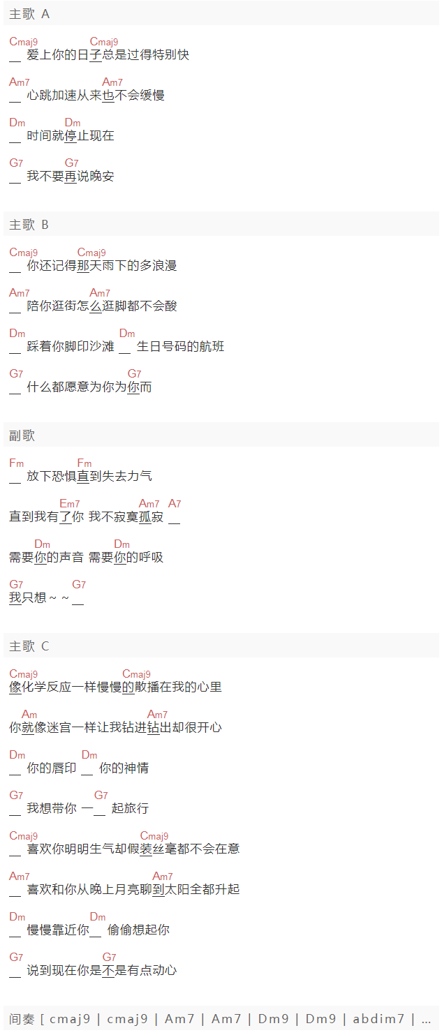 Julia Wu《你是不是有点动心》吉他谱C调和弦谱(txt)1