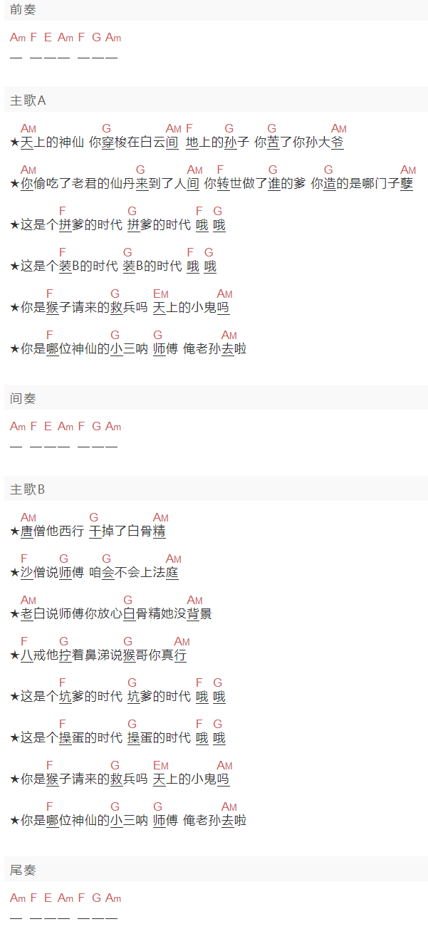 谣乐队《你是猴子请来的救兵吗》吉他谱C调和弦谱(txt)1