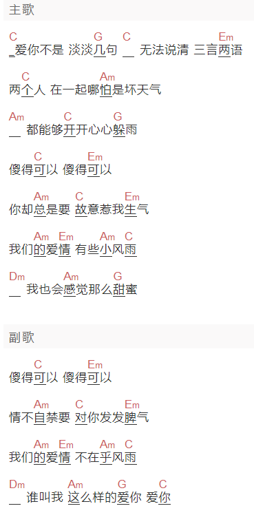 贾青《傻的可以》吉他谱C调和弦谱(txt)1
