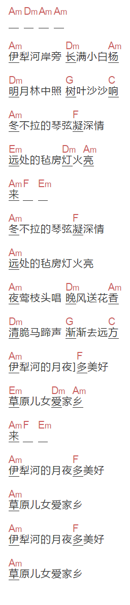 《伊犁河月夜》吉他谱C调和弦谱(txt)1