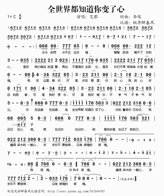 《全世界都知道你变了心》吉他谱C调简谱1