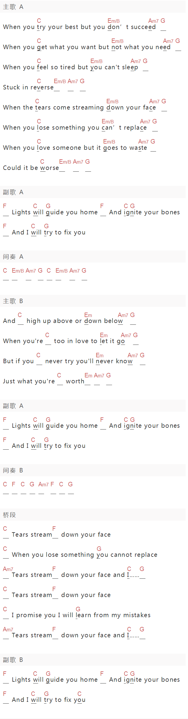 《Fix You》吉他谱C调和弦谱(txt)1