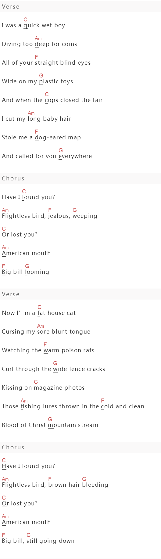《Flightless Bird American Mouth》吉他谱C调和弦谱(txt)1
