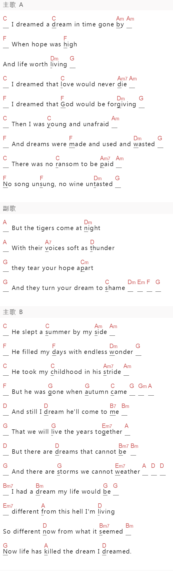 《I Dreamed A Dream》吉他谱C调和弦谱(txt)1