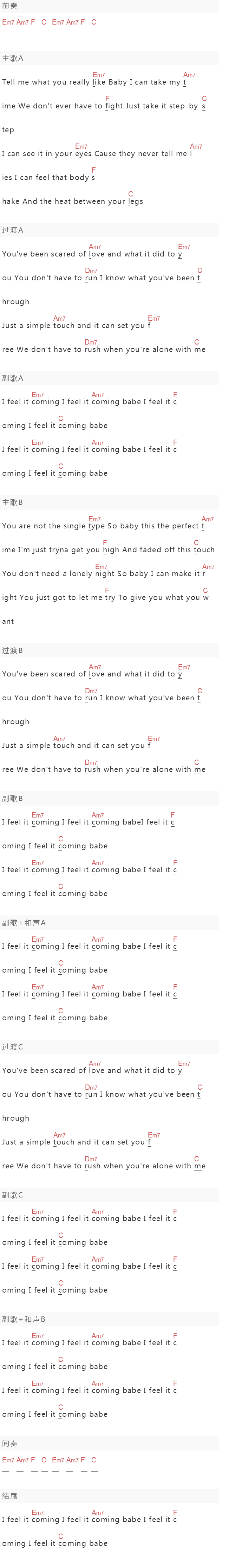 《I Feel It Coming》吉他谱C调和弦谱(txt)1