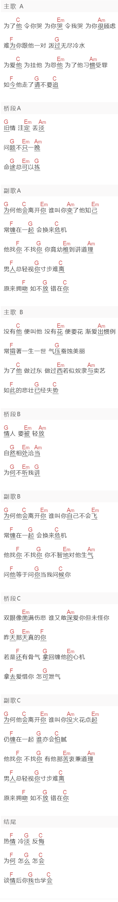 《为何你》吉他谱C调和弦谱(txt)1