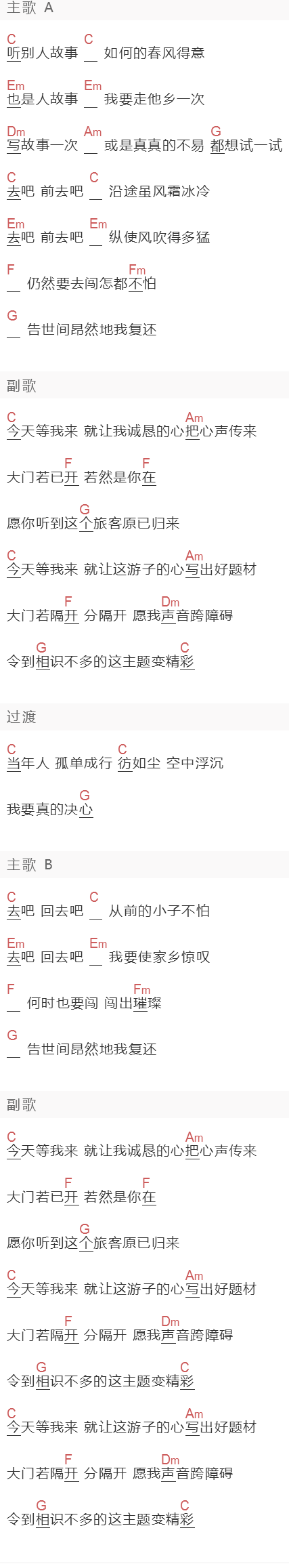 《今天等我来》吉他谱C调和弦谱(txt)1