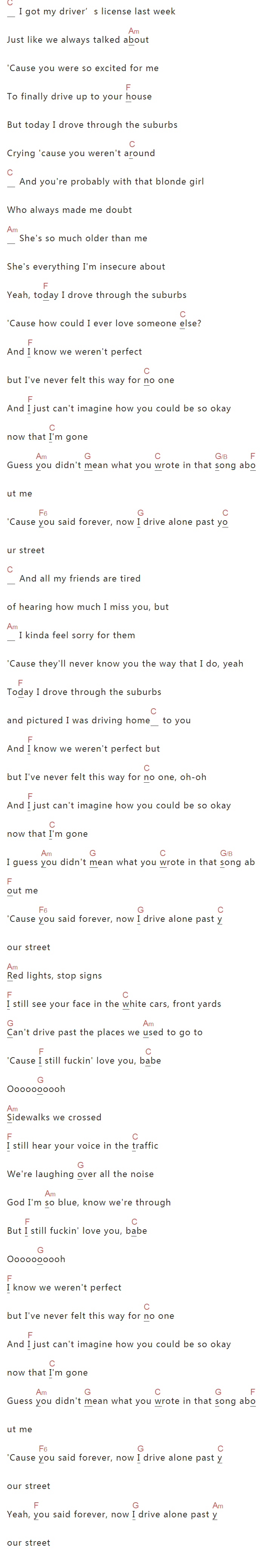 Olivia Rodrigo《Drivers License》吉他谱C调和弦谱(txt)1