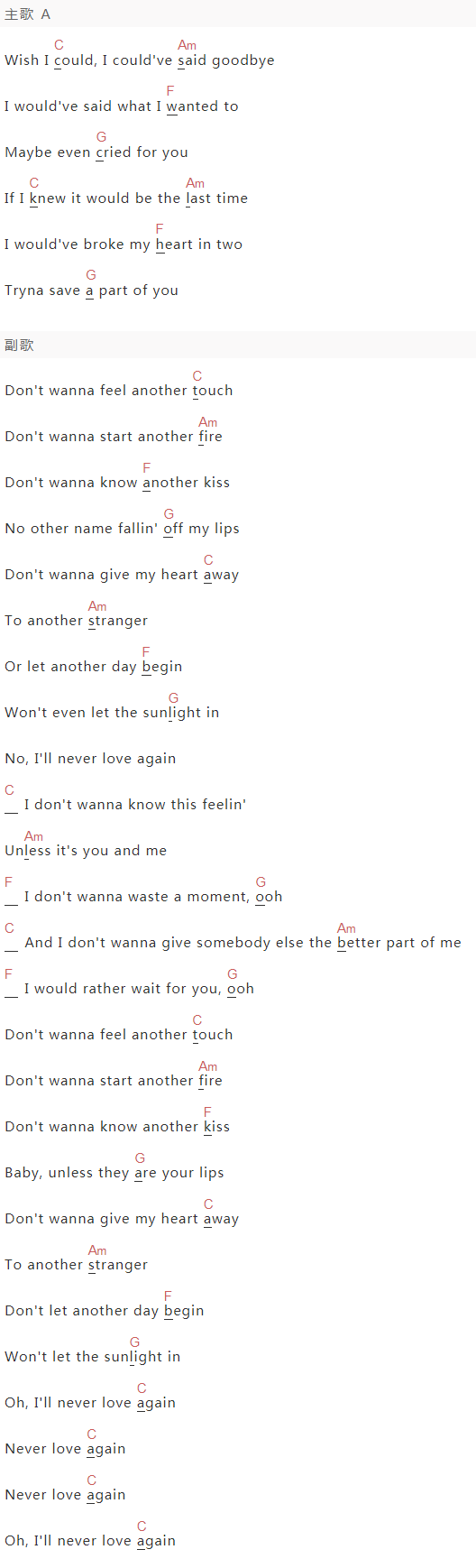 《I'll Never Love Again》吉他谱C调和弦谱(txt)1