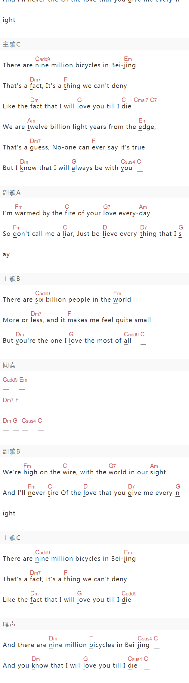 Katie Melua《Nine Million Bicycles》吉他谱C调和弦谱(txt)1