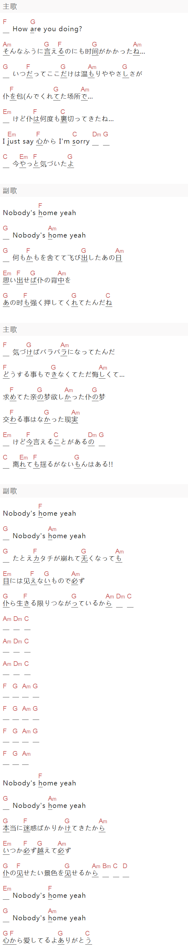ONE OK ROCK《Nobody's Home》吉他谱C调和弦谱(txt)1