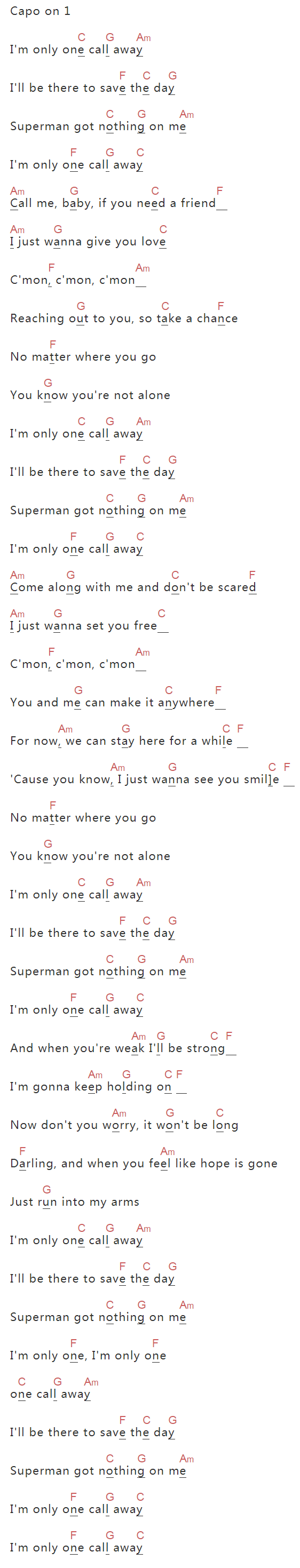Charlie Puth《One Call Away》吉他谱C调和弦谱(txt)1