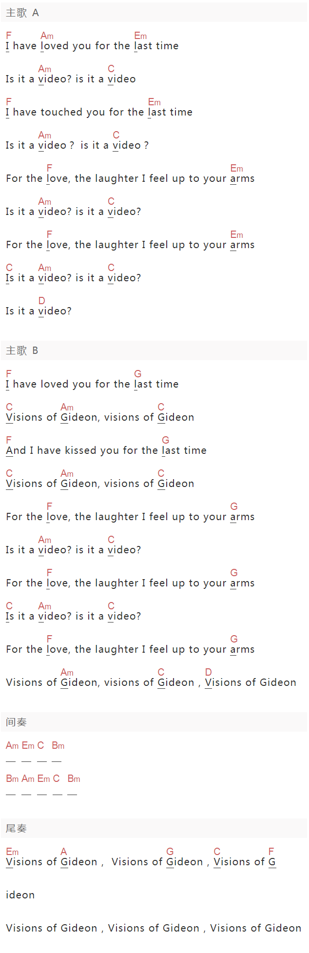 Sufjan Stevens《Visions Of Gideon》吉他谱C调和弦谱(txt)1