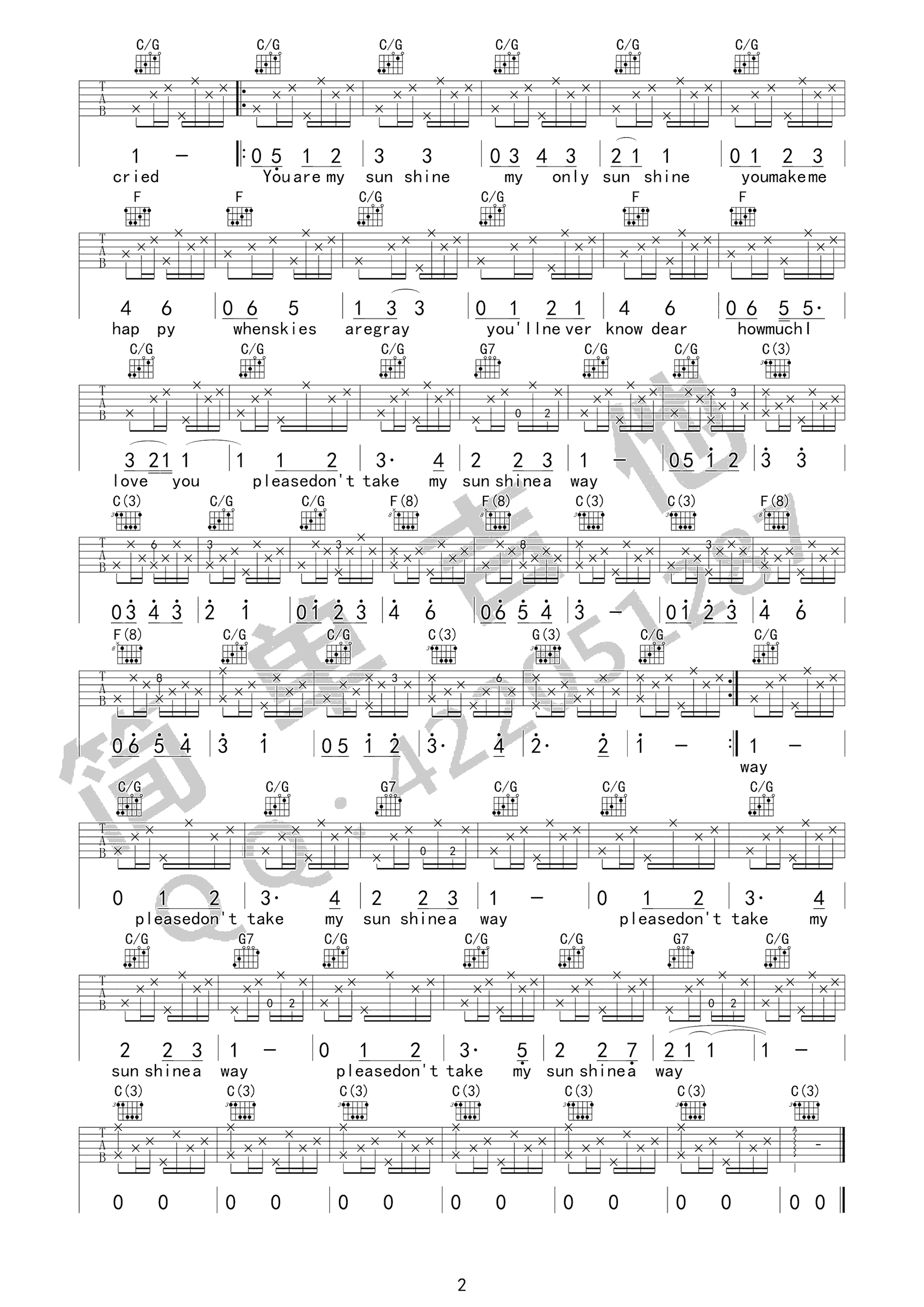 Jimmie Davis《You're My Sunshine》吉他谱C调六线谱(图)1