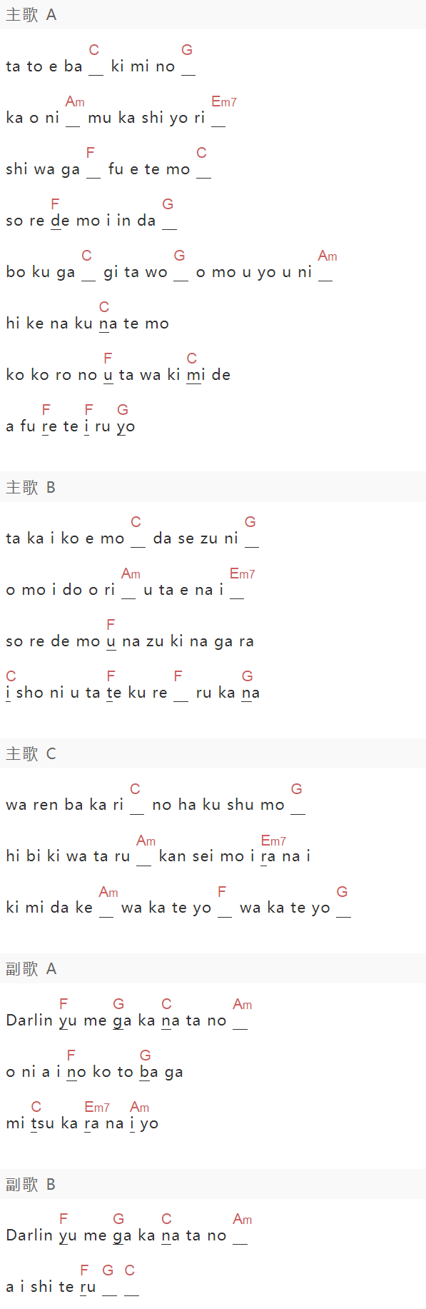 《カタオモイ单相思》吉他谱C调和弦谱(txt)1