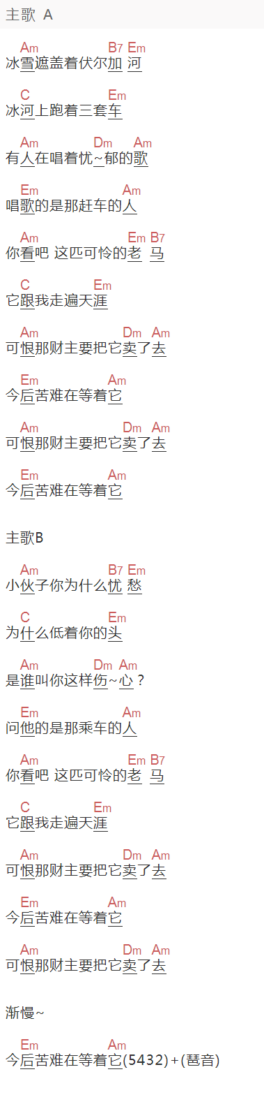霍勇《三套车_》吉他谱C调和弦谱(txt)1