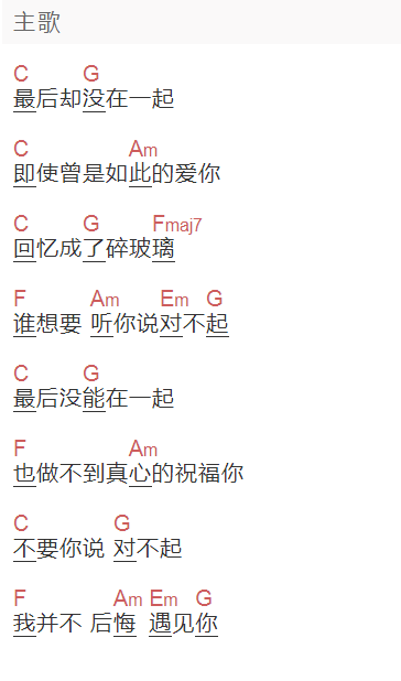 《不后悔遇见你》吉他谱C调和弦谱(txt)1
