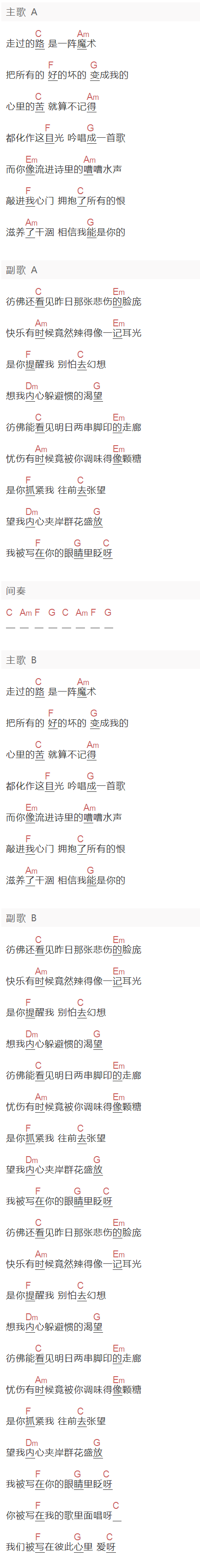 苏打绿,陈嘉桦《你被写进我的歌里》吉他谱C调和弦谱(txt)1