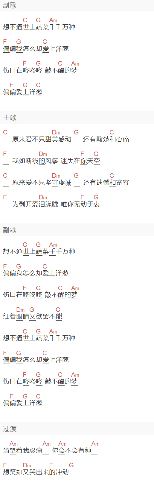 花儿乐队《偏偏爱上洋葱》吉他谱C调和弦谱(txt)1
