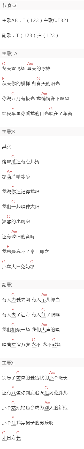 庄达菲《我们的1999》吉他谱C调和弦谱(txt)1