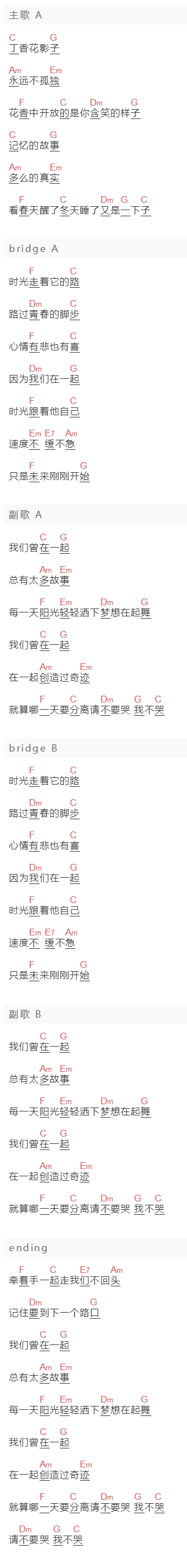 时代少年团《我们曾在一起》吉他谱C调和弦谱(txt)1