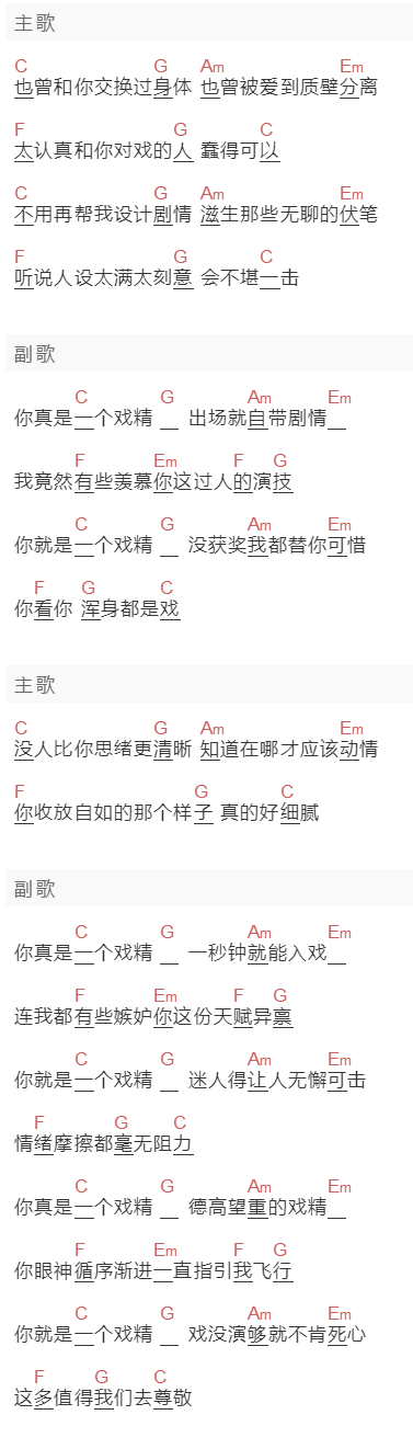 徐秉龙《戏精》吉他谱C调和弦谱(txt)1