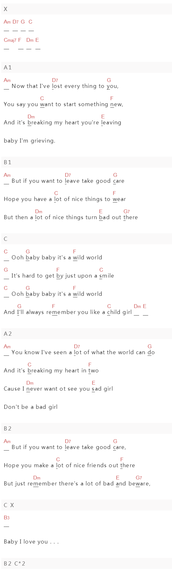 Cat Stevens《Wild World》吉他谱C调和弦谱(txt)1