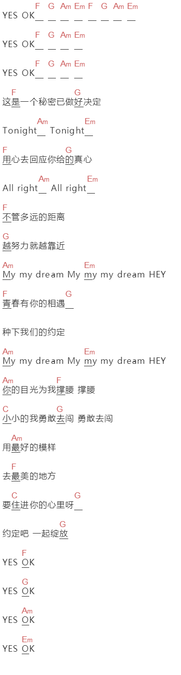 青春有你2《YES OK》吉他谱C调和弦谱(txt)1