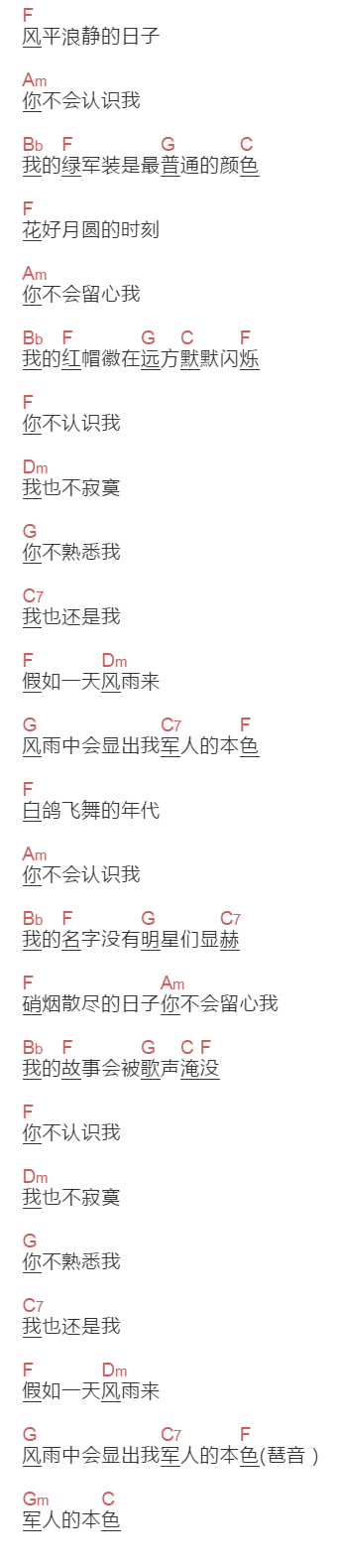 阎维文《军人本色》吉他谱C调和弦谱(txt)1
