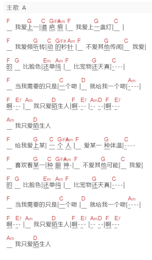王菲《只爱陌生人》吉他谱C调和弦谱(txt)1