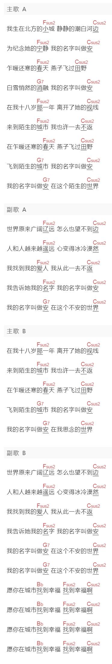 安来宁《叫做安》吉他谱C调和弦谱(txt)1