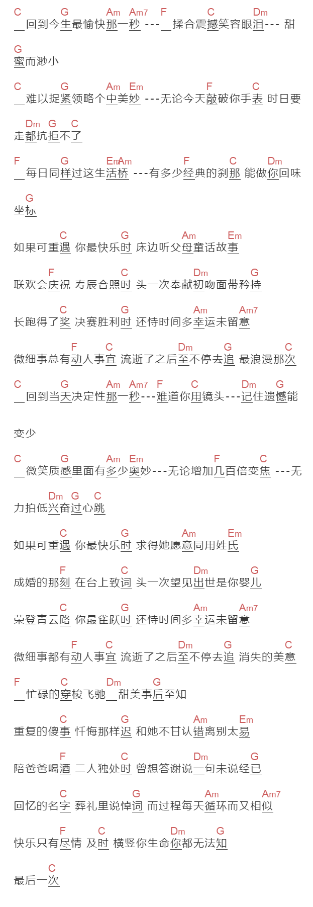 洪卓立《回到最爱的那天》吉他谱C调和弦谱(txt)1