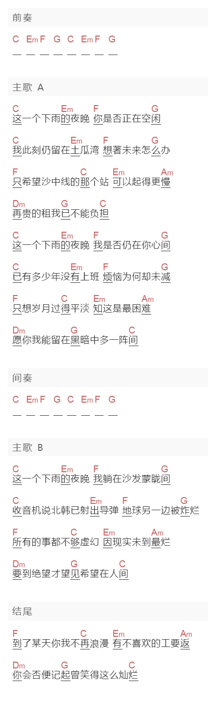 My Little Airport《土瓜湾情歌》吉他谱C调和弦谱(txt)1