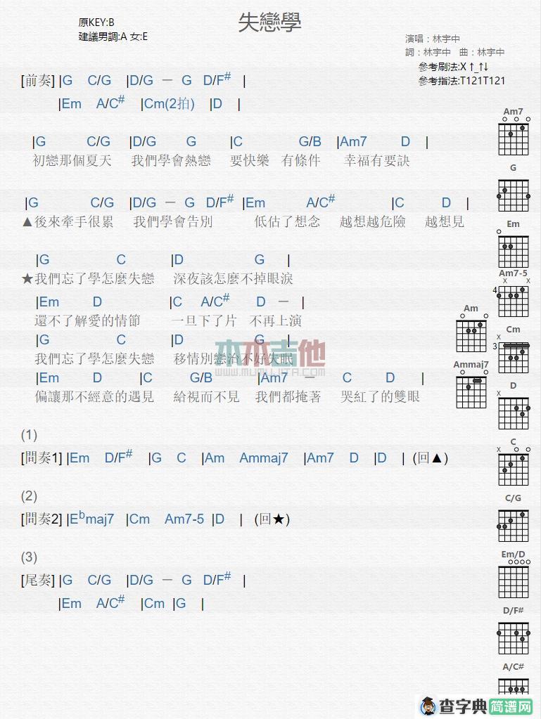 林宇中《失恋学》吉他谱C调和弦谱(txt)1