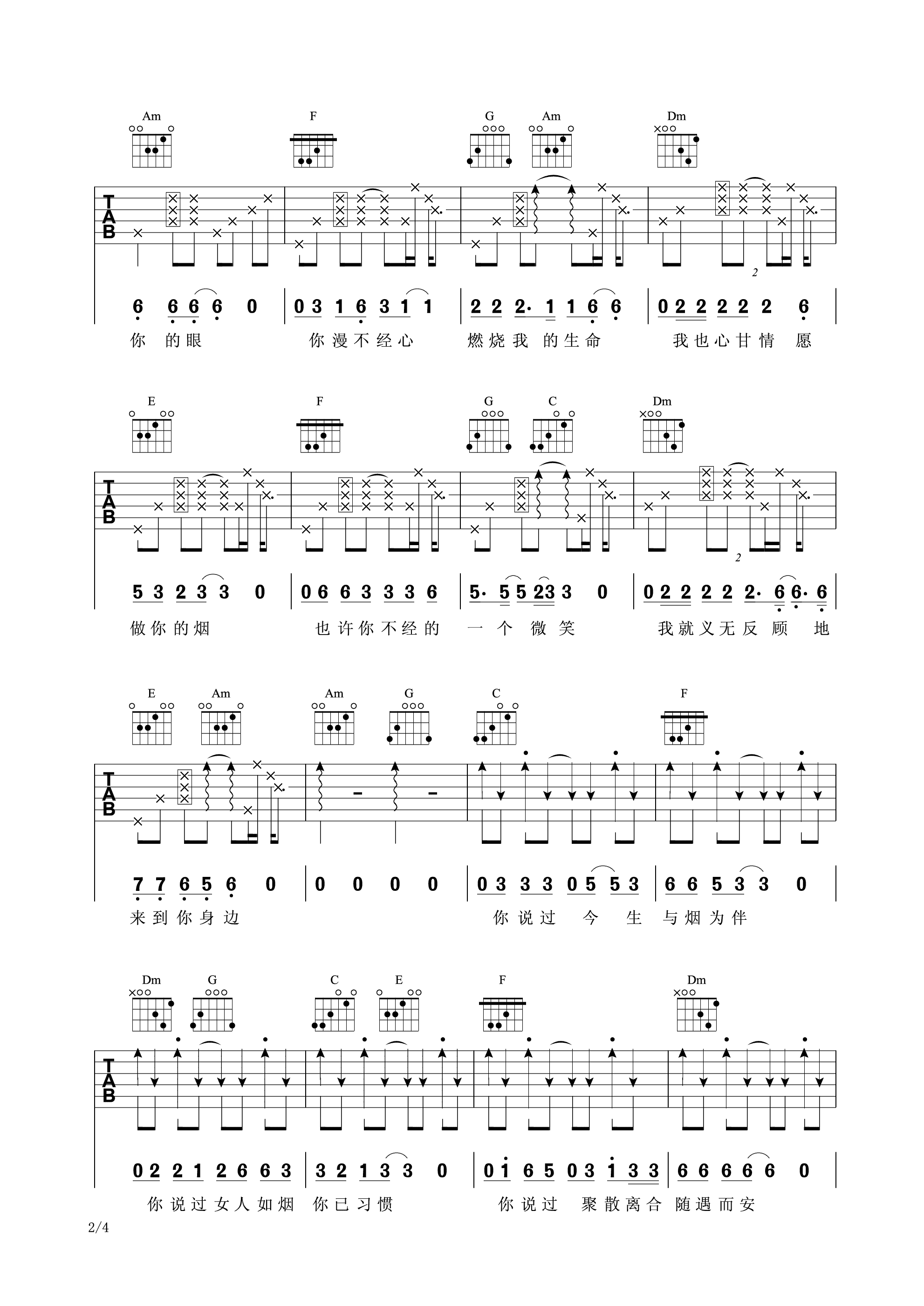 张玮伽《女人如烟》吉他谱C调六线谱(图)1