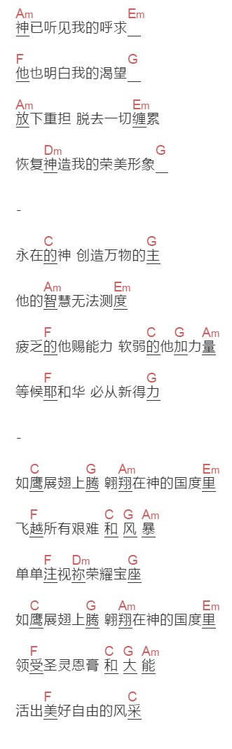 生命河灵粮堂《如鹰展翅上腾》吉他谱C调和弦谱(txt)1