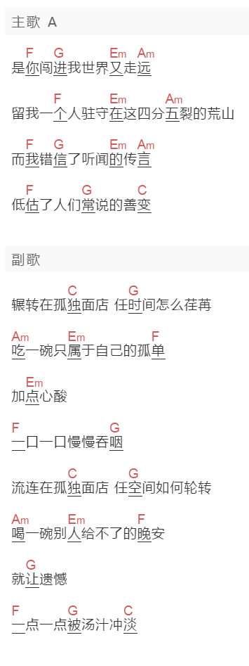 李嘉格《孤独面店》吉他谱C调和弦谱(txt)1