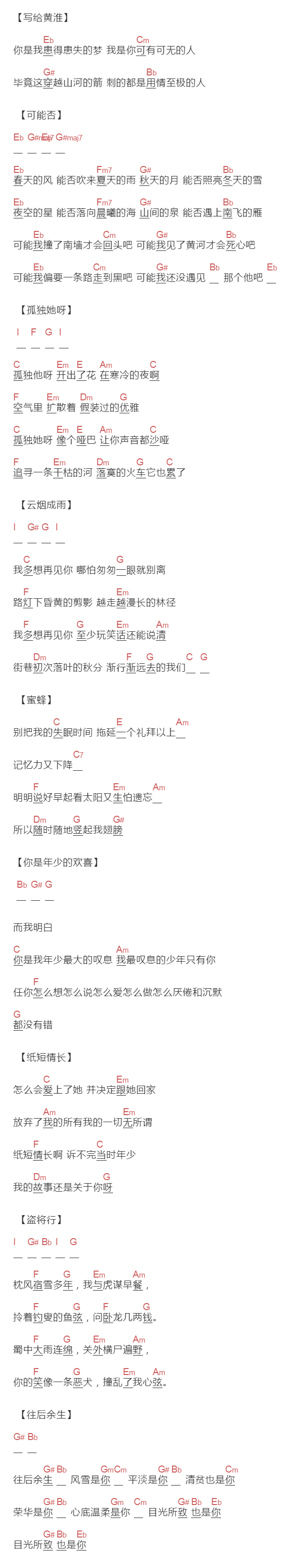 王二浪《恋曲2018》吉他谱C调和弦谱(txt)1