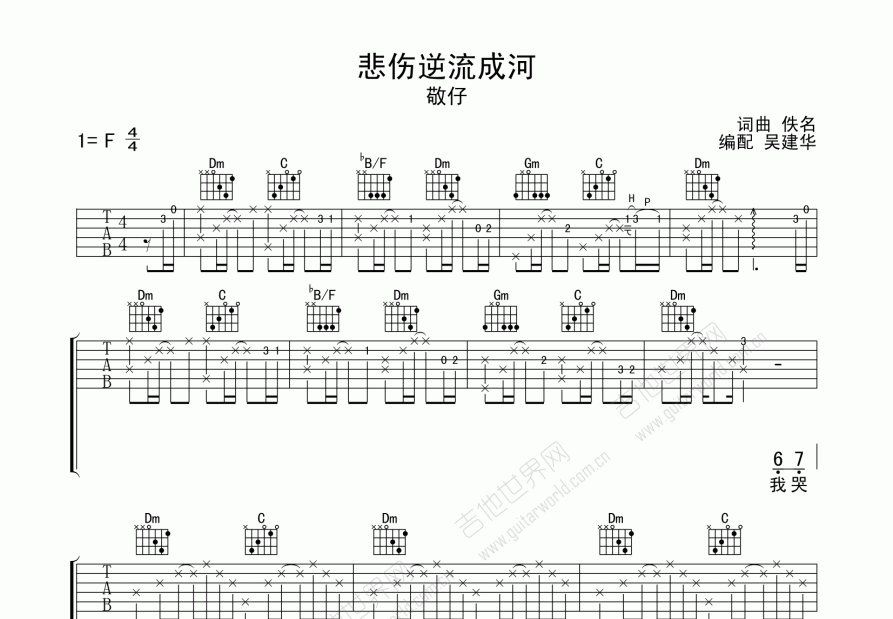 敬仔《悲伤逆流成河》吉他谱F调六线谱(图)1